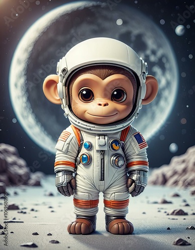 Cute chibi astronaut monkey with moon background.