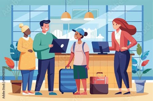 Family Arriving at Hotel Reception With Luggage and a Laptop