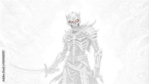 A skeletal warrior with glowing red eyes holds a sword