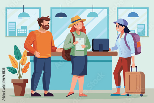 Travelers Checking In At Hotel Reception Desk