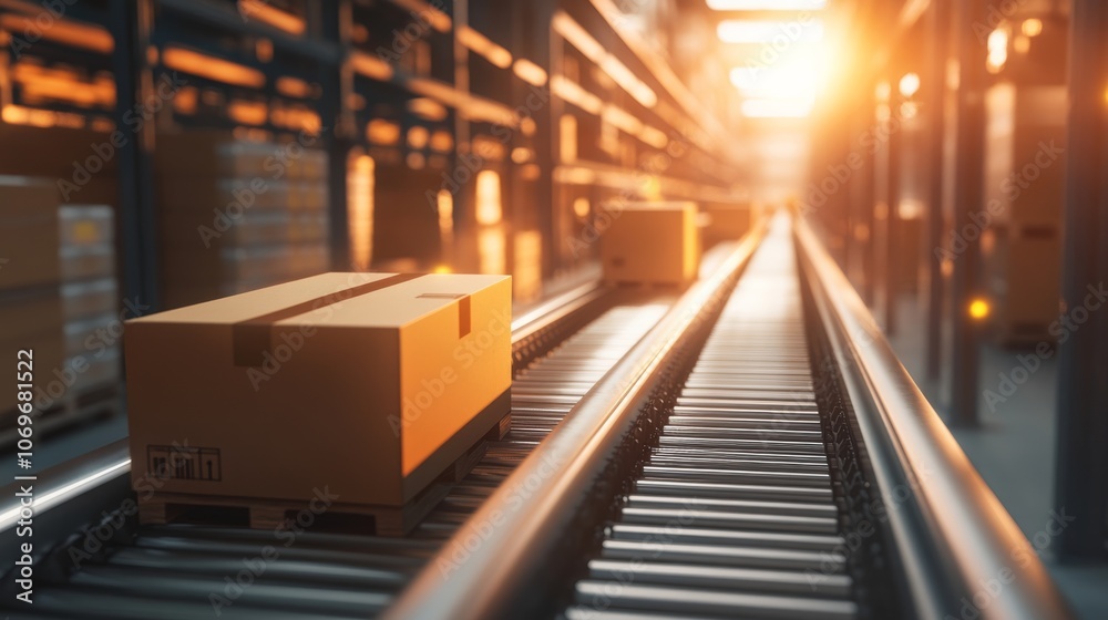 A serene warehouse scene showcasing packages on a conveyor belt, illuminated by warm sunlight filtering through shelves. A serene warehouse scene showcasing packages on a conveyor belt, illuminated by warm sunlight filtering through shelves.