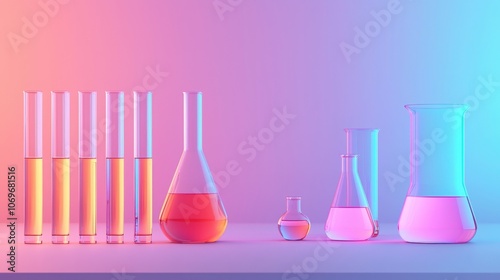 The image features a collection of laboratory glassware with colored liquids, illuminated in vibrant pink and blue hues against a soft gradient background.