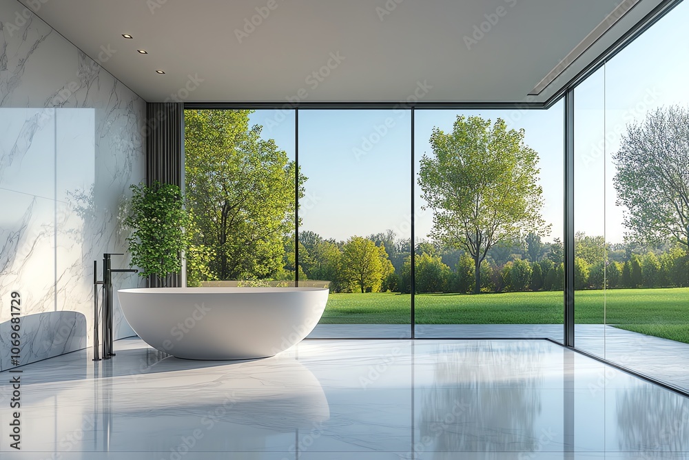 Modern bathroom with a freestanding bathtub and large windows overlooking a green lawn. Modern bathroom with a freestanding bathtub and large windows overlooking a green lawn.