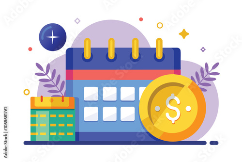 Colorful Calendar Illustration With Dollar Coin and a Plus Sign