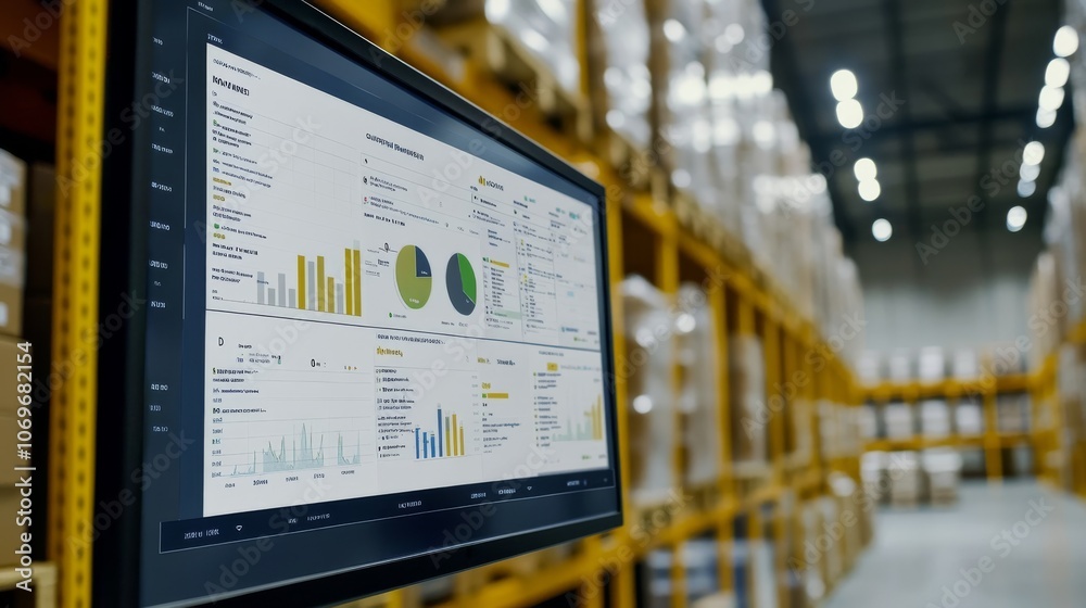 A close-up of a monitor displaying analytics in a warehouse filled with stacked pallets and organized storage. A close-up of a monitor displaying analytics in a warehouse filled with stacked pallets and organized storage.