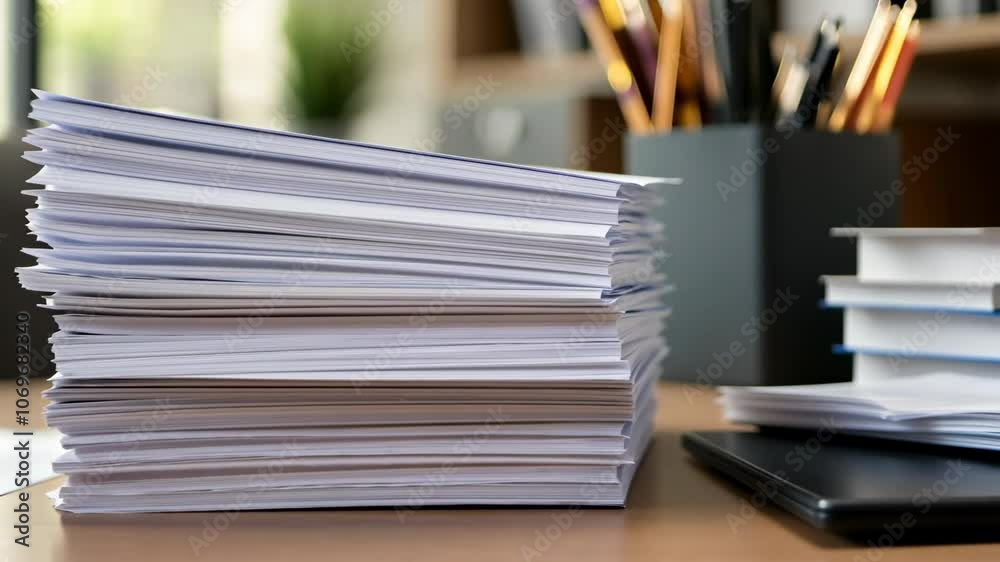 A stack of papers sits on a desk with a blurred background, indicating a busy office environment