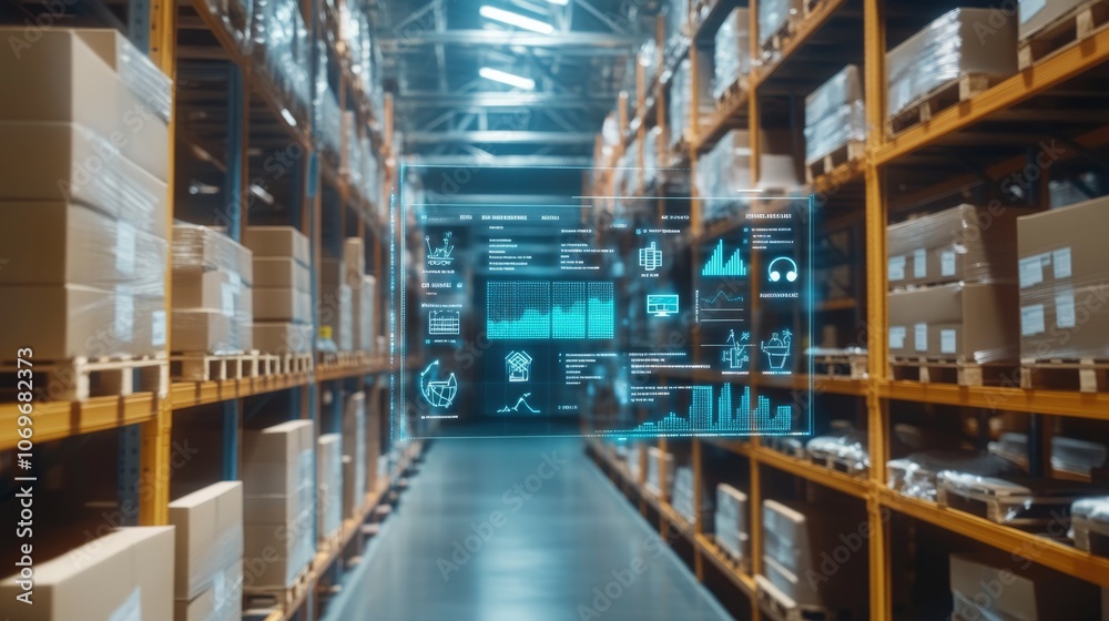 A high-tech warehouse interior with stacked boxes and digital displays, showcasing modern inventory management. A high-tech warehouse interior with stacked boxes and digital displays, showcasing modern inventory management.