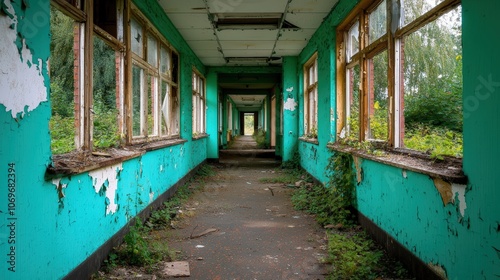 Abandoned Hallway with Light at the End  Peeling Paint  Broken Windows  Overgrown  Decay