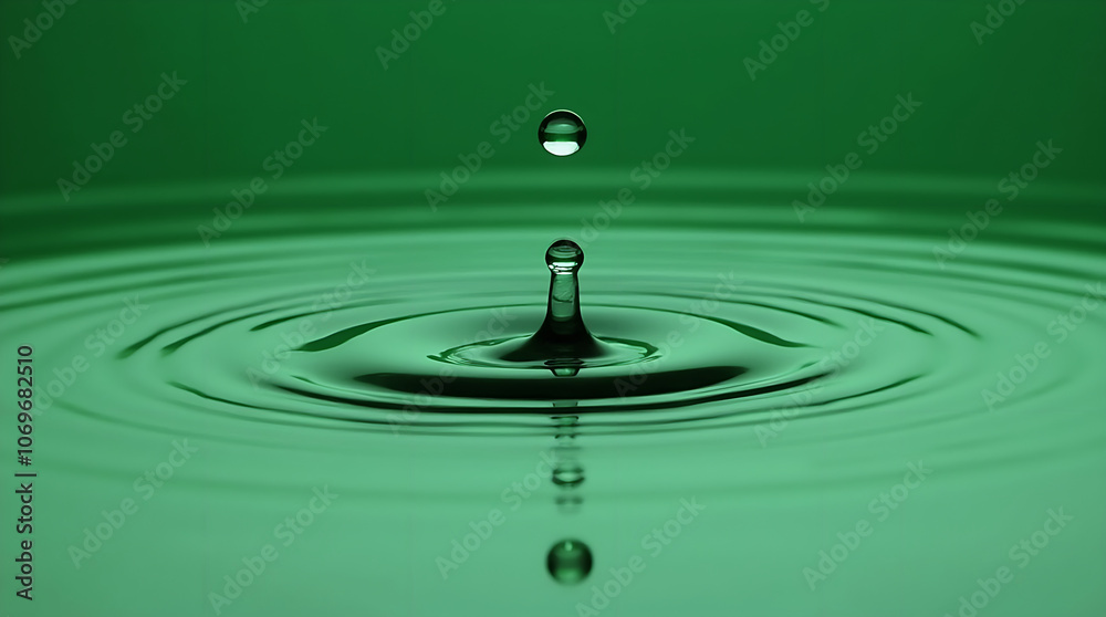 A water drop falling into calm water creating ripples and reflections on a green surface. A water drop falling into calm water creating ripples and reflections on a green surface.