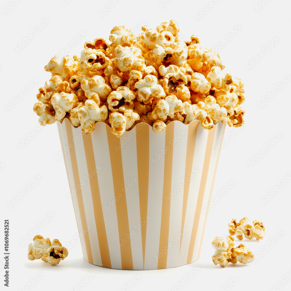 A deliciously tempting display of caramel popcorn in a classic striped container on a white background, perfect for snacks at movies or parties. A deliciously tempting display of caramel popcorn in a classic striped container on a white background, perfect for snacks at movies or parties.