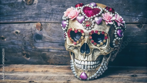 Decorated Skull with Flowers and Jewelry on a Wooden Background photo