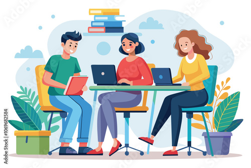 Three People Collaborating on a Project in a Modern Office Setting