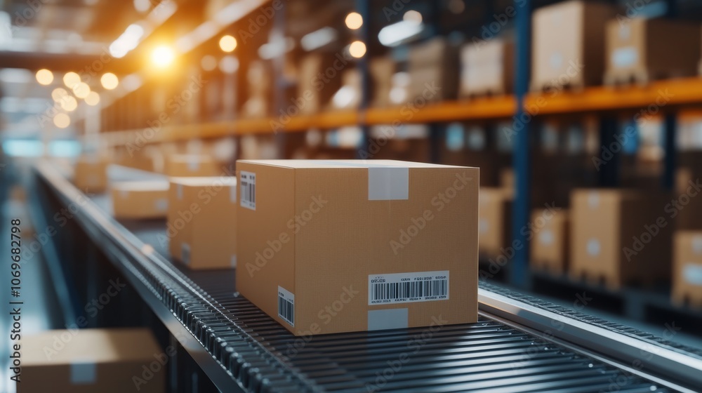 A conveyor belt transports cardboard boxes in a warehouse, highlighted by warm lighting, showcasing an organized storage system. A conveyor belt transports cardboard boxes in a warehouse, highlighted by warm lighting, showcasing an organized storage system.