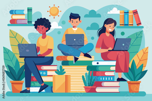 Three Students Using Laptops While Sitting On Stacks Of Books