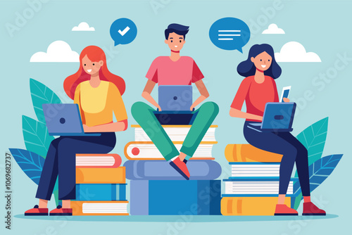 Three Students Studying With Laptops and Books Outdoors
