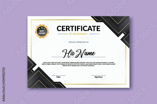 Elegant certificate design template on a white background with a black and gold geometric corner