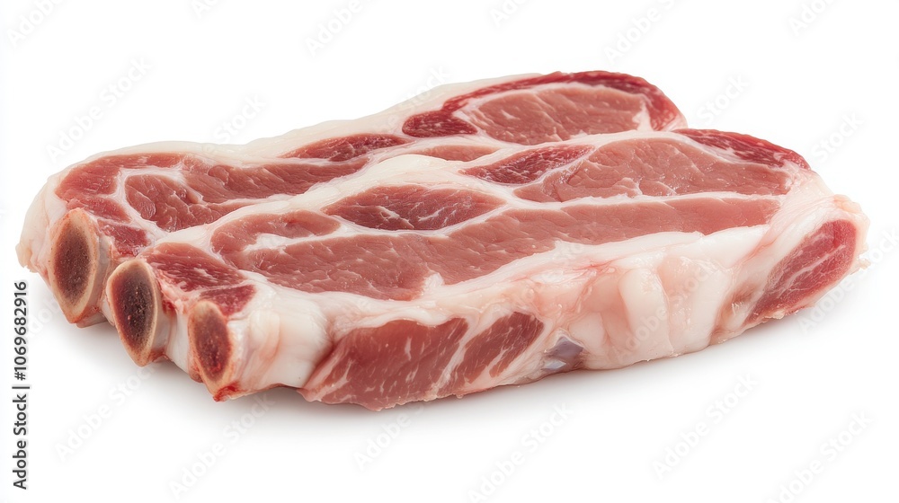 3.Isolated pork neck chops with a clean white background, marbled cuts showcasing delicate fat lines, vibrant pink and white contrast, fresh and appealing for package design 3.Isolated pork neck chops with a clean white background, marbled cuts showcasing delicate fat lines, vibrant pink and white contrast, fresh and appealing for package design