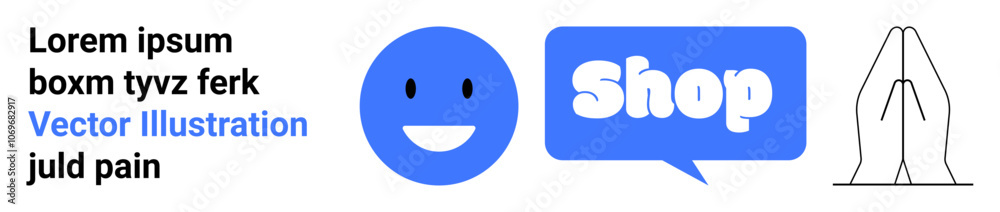 Fototapeta premium Blue circle with a happy face, a blue speech bubble with the word Shop, and black and white praying hands. Ideal for shopping, social media, religion, banners, and landing pages. Banner for landing