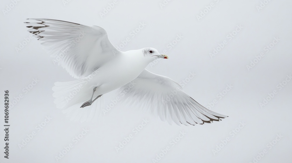 Fototapeta premium Seagull in Flight Against a White Sky