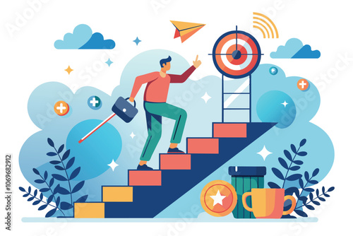 Man Climbing Stairs Towards Target Goal With Paper Airplane