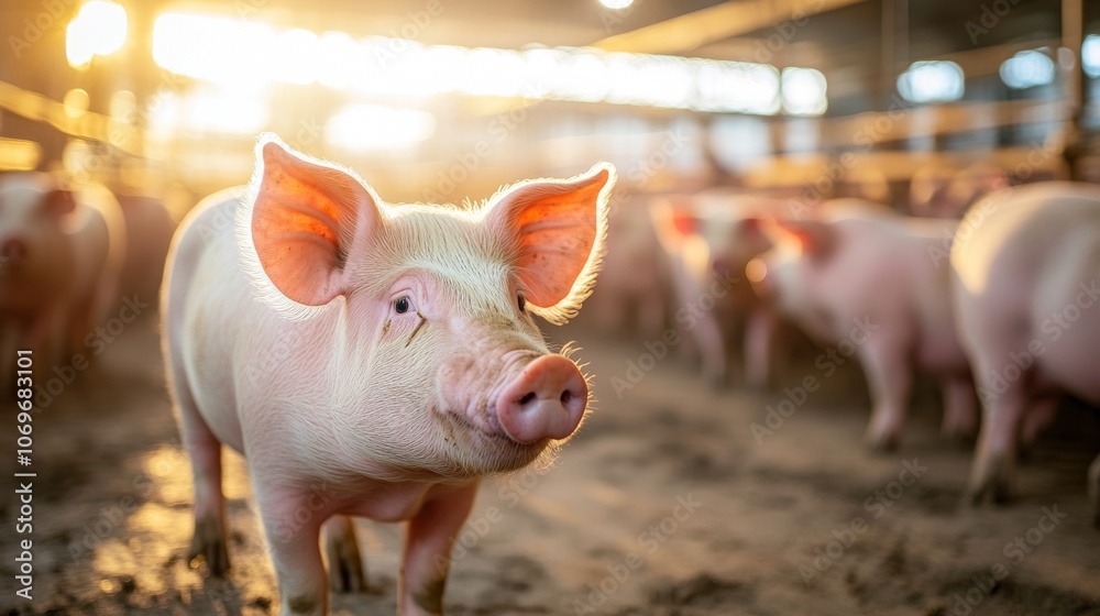 8.Indoor pig farming setup with numerous pigs in their pens, efficient feeding systems and clean surroundings, focused on meat production, soft light capturing natural tones