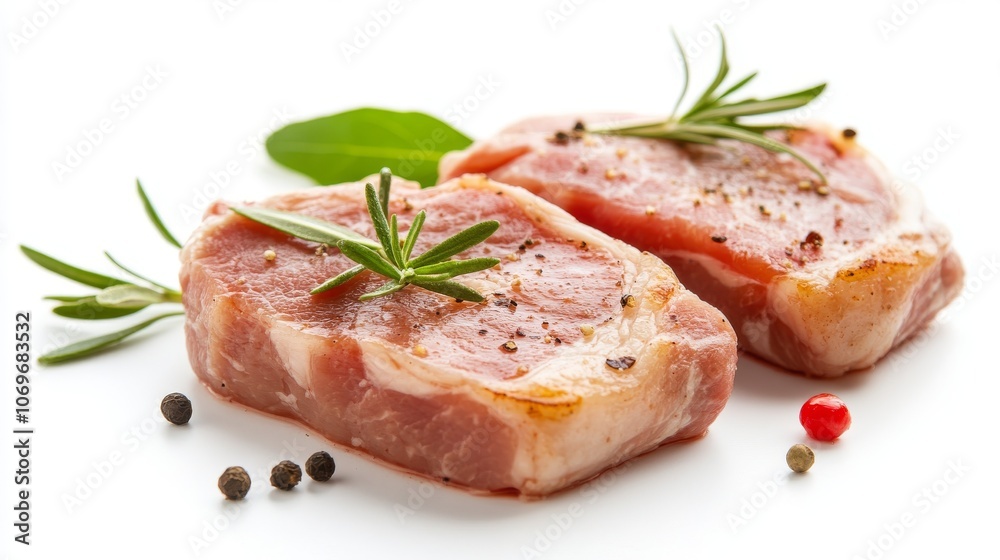 19.Close-up of two pork pieces, isolated on white, soft pink tones and marbled fat, detailed view with a clean and simple look, fresh and appealing presentation for cooking 19.Close-up of two pork pieces, isolated on white, soft pink tones and marbled fat, detailed view with a clean and simple look, fresh and appealing presentation for cooking