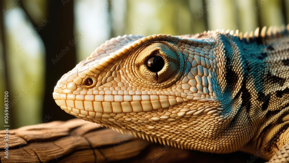 Fototapeta premium Captivating macro shot of lizard’s textured skin and eye, warm light