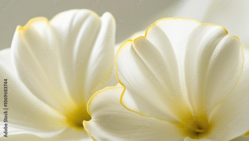 Fototapeta premium Macro view of white flower petals with soft yellow edges, serene and calming
