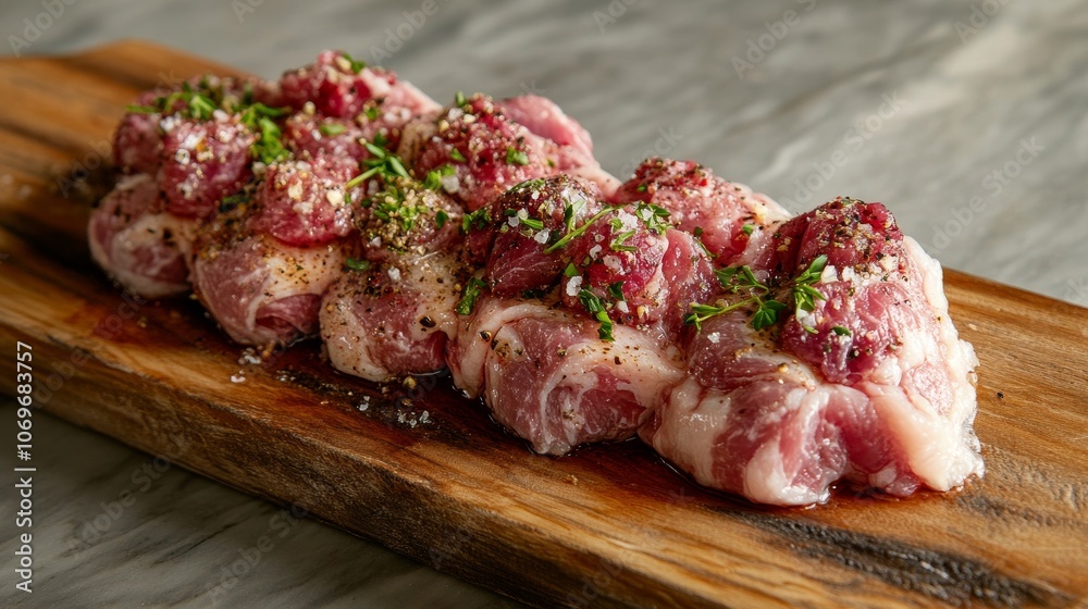25.Fresh pork neck cuts on a rustic board, garnished with herbs and spices, soft pink tones, marbled textures, inviting and appetizing, prepped for marination with a vibrant look 25.Fresh pork neck cuts on a rustic board, garnished with herbs and spices, soft pink tones, marbled textures, inviting and appetizing, prepped for marination with a vibrant look
