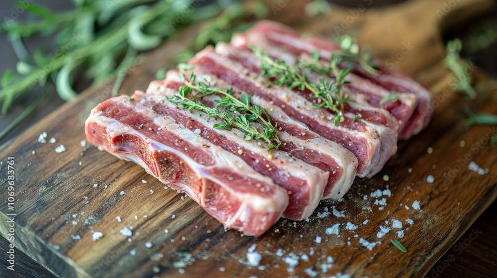 25.Fresh pork neck cuts on a rustic board, garnished with herbs and spices, soft pink tones, marbled textures, inviting and appetizing, prepped for marination with a vibrant look 25.Fresh pork neck cuts on a rustic board, garnished with herbs and spices, soft pink tones, marbled textures, inviting and appetizing, prepped for marination with a vibrant look