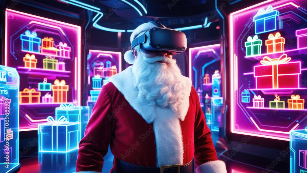 Santa Claus with VR headset in high tech gift showcase, vibrant colors Santa Claus with VR headset in high tech gift showcase, vibrant colors