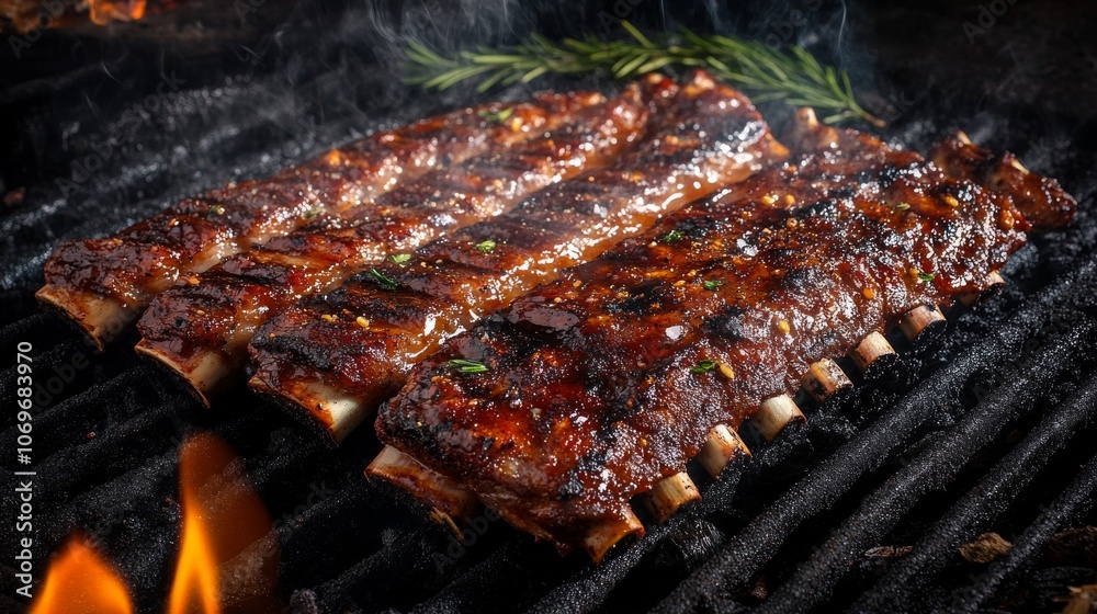 30.Thick pork ribs grilling on smoldering charcoal, close-up of golden-brown crust and juicy textures, smoke rising, embers glowing, aroma of sizzling meat and flavors filling the air 30.Thick pork ribs grilling on smoldering charcoal, close-up of golden-brown crust and juicy textures, smoke rising, embers glowing, aroma of sizzling meat and flavors filling the air