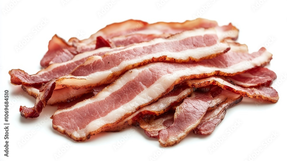 46.Freshly sliced streaky bacon isolated on a white background, detailed marbling with pink and white layers, thin slices with a slightly curled edge, clean and appealing for package design 46.Freshly sliced streaky bacon isolated on a white background, detailed marbling with pink and white layers, thin slices with a slightly curled edge, clean and appealing for package design