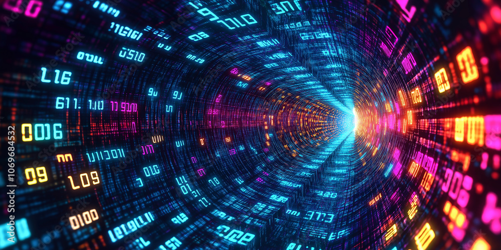 Fototapeta premium Digital tunnel rotating with changing numbers and information flowing