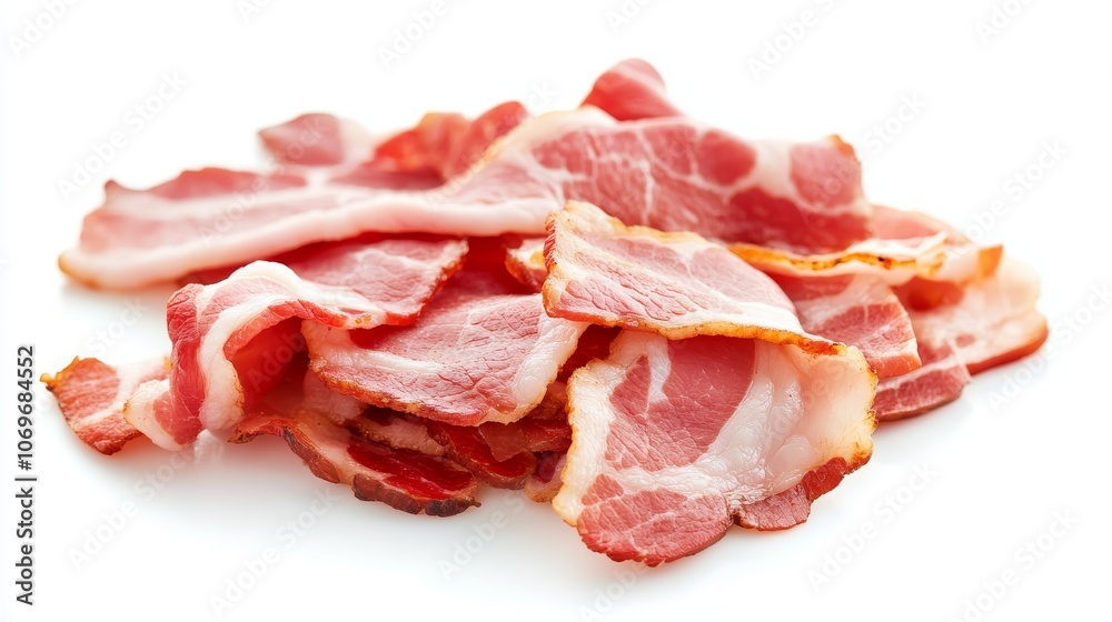 46.Freshly sliced streaky bacon isolated on a white background, detailed marbling with pink and white layers, thin slices with a slightly curled edge, clean and appealing for package design 46.Freshly sliced streaky bacon isolated on a white background, detailed marbling with pink and white layers, thin slices with a slightly curled edge, clean and appealing for package design