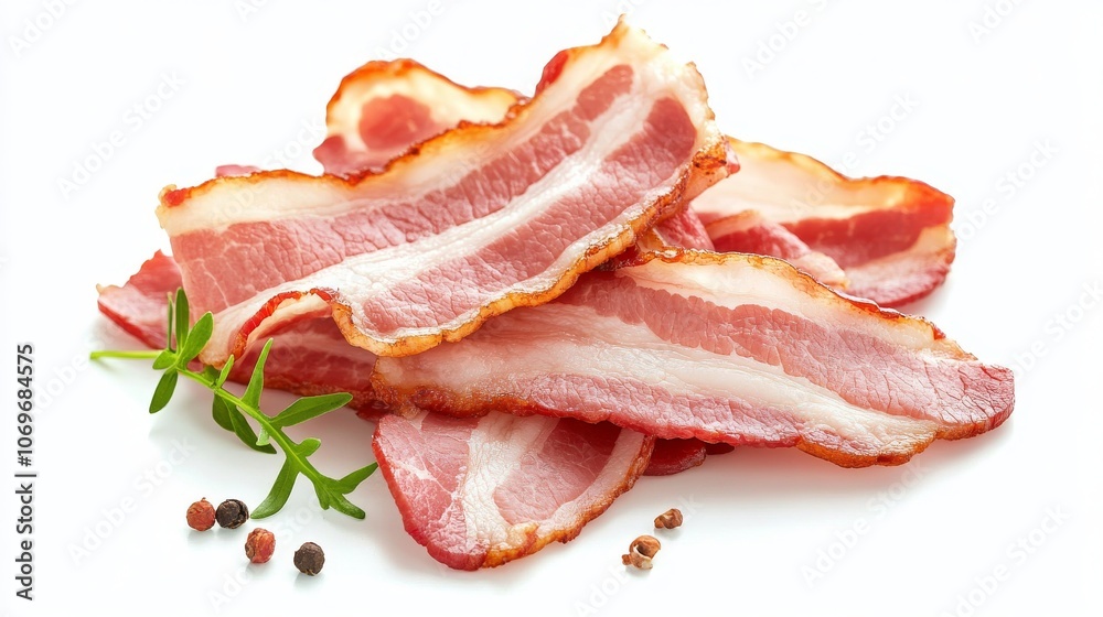 46.Freshly sliced streaky bacon isolated on a white background, detailed marbling with pink and white layers, thin slices with a slightly curled edge, clean and appealing for package design