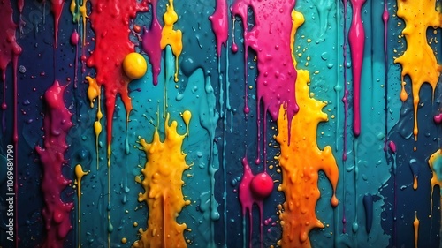 A colorful painting with splatters of paint on a blue background. The painting is full of bright colors and has a playful, fun vibe