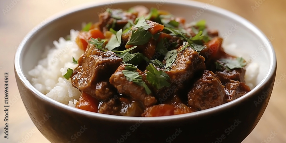 Delicious beef stew with white rice and fresh herbs in bowl Delicious beef stew with white rice and fresh herbs in bowl