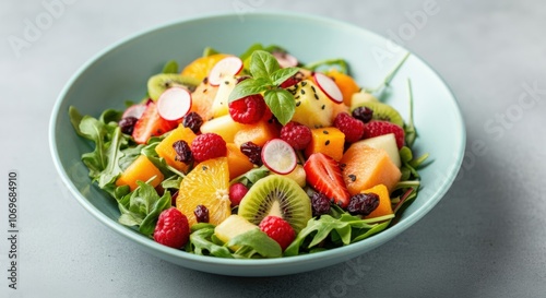 Fresh Fruit Salad with Green Leaves in a Blue Bowl