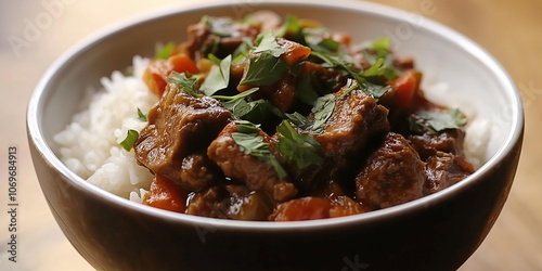 Delicious beef stew with white rice and fresh herbs in bowl