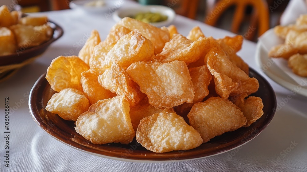 68.A plate of Brazilian-style pork rinds, pururuca, freshly fried and sitting on a table. The pork skin is puffed and crispy, with a light golden-brown color, and the texture is rough yet inviting. 68.A plate of Brazilian-style pork rinds, pururuca, freshly fried and sitting on a table. The pork skin is puffed and crispy, with a light golden-brown color, and the texture is rough yet inviting.