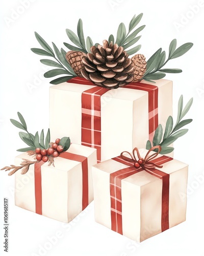 Decorate your holidays with beautifully wrapped gift boxes adorned with pine cones and greenery