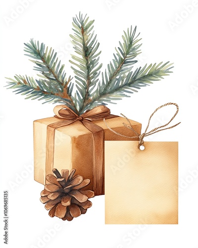 Create a beautiful holiday gift package with pine branches and a blank tag for personalization