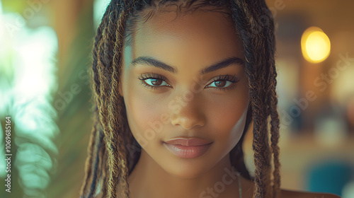 Joyful Portrait of Confident Young Woman with Braided Hair and Expressive Eyes in Vibrant Indoor Setting