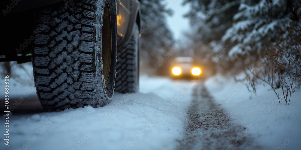 Close-up of winter car tire on snowy road at dusk with approaching headlights Close-up of winter car tire on snowy road at dusk with approaching headlights