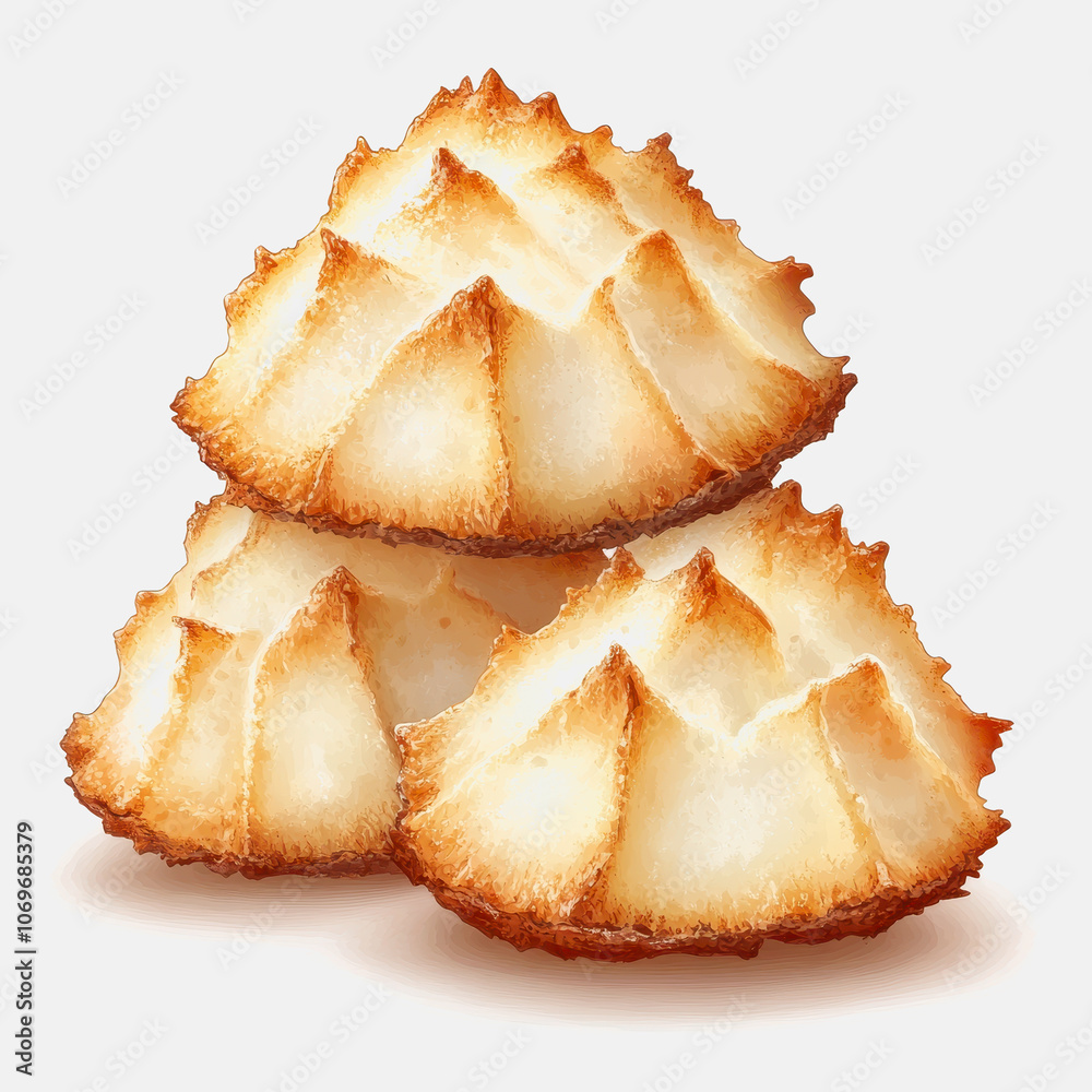 A delicious stack of coconut macaroons atop a clean white background. This sweet treat showcases a crunchy exterior and soft, chewy center, perfect for desserts or snacks. A delicious stack of coconut macaroons atop a clean white background. This sweet treat showcases a crunchy exterior and soft, chewy center, perfect for desserts or snacks.