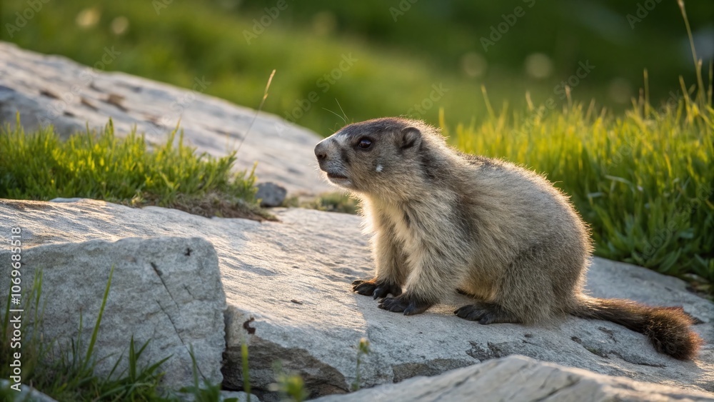 Fototapeta premium A Baby Hoary Marmot Crouching on Limestone in Evening Light, Surrounded by Lush Green Grass, Capturing the Natural Beauty of Wildlife in a Serene Mountain Environment
