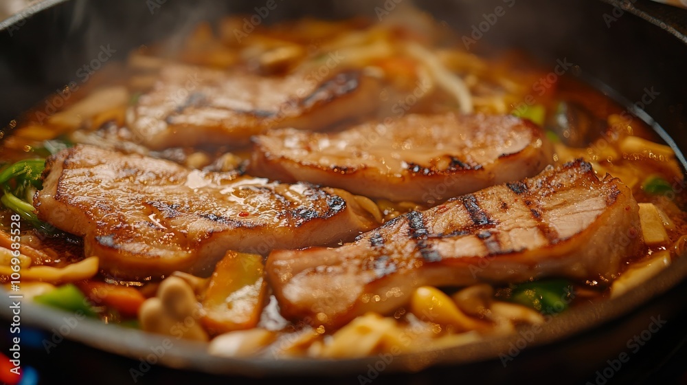 77.A close-up of Thai barbecue pork grilling on a traditional pig pan, with vibrant vegetables simmering in the surrounding soup. The pork slices are seared to perfection, with a golden-brown crust 77.A close-up of Thai barbecue pork grilling on a traditional pig pan, with vibrant vegetables simmering in the surrounding soup. The pork slices are seared to perfection, with a golden-brown crust