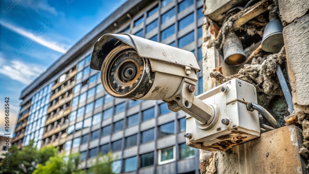 Abandoned and Broken Security Camera on an Office Building Wall: Capturing the Essence of Neglect in Urban Environments with Macro Photography Abandoned and Broken Security Camera on an Office Building Wall: Capturing the Essence of Neglect in Urban Environments with Macro Photography