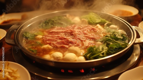 78.A tabletop view of a Thai barbecue feast, showcasing the hot grill pan with pork grilling in the center. The soup surrounding the pan is filled with vegetables like greens and mushrooms, creating